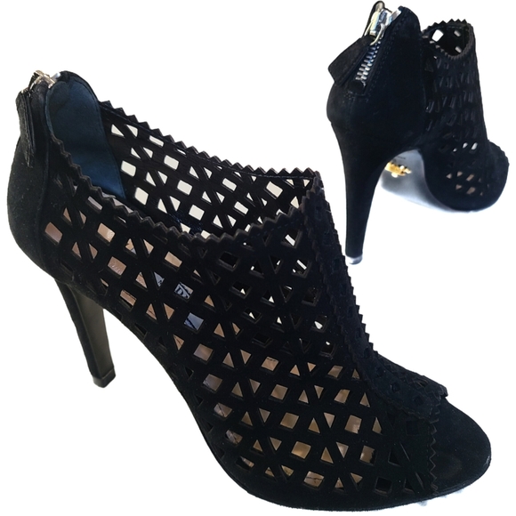 Prada Shoes - PRADA Luxe Laser Cut Out Suede  peep toe Bootie Ankle Zip 36